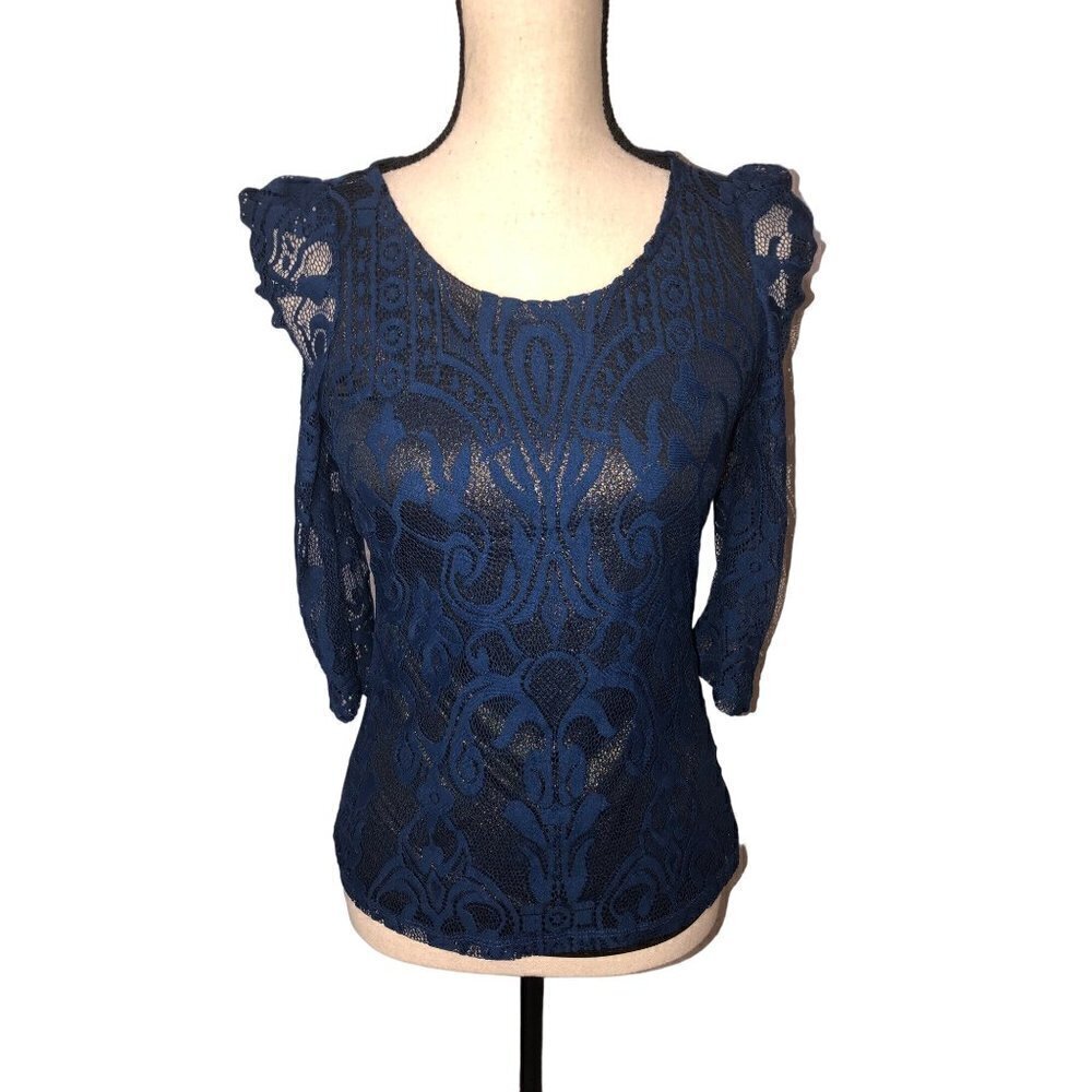 Vero Moda Womens Size S Top Lace Blue Metallic Puff Sleeve Gold Sheer Knit Shirt
